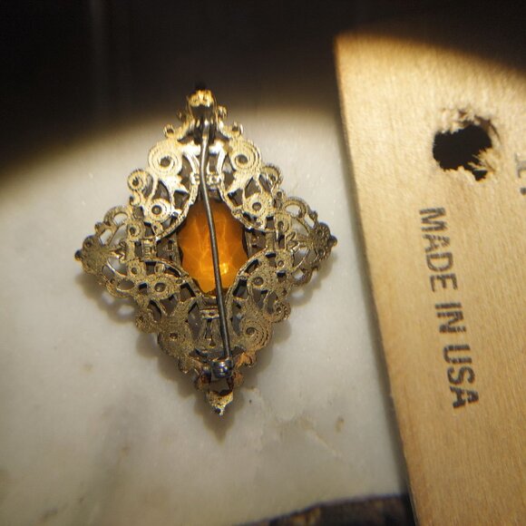 Antique Victorian Brass Filigree Brooch Yellow Orange Amber Colored Glass - Picture 12 of 16